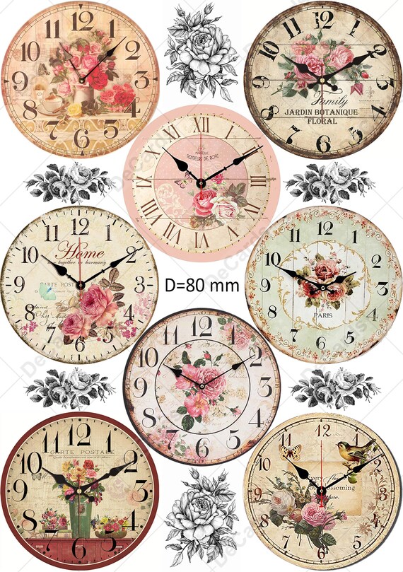2 Juego de hojas A4 imprimibles en papel digital Relojes y flores 13 imagenes de alta resolucion para decoupage scrapbooking artesania arte vintage bricolaje Etsy Espana