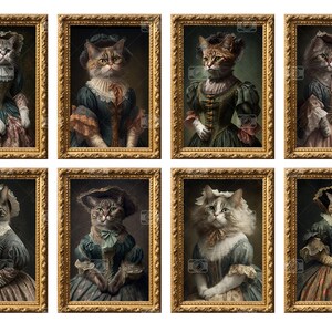 May include: Eight framed portraits of cats dressed in historical attire. Each cat is depicted in a different pose and outfit, with ornate gold frames. The cats wear dresses and hats, reminiscent of 18th-century fashion, against a dark background.
