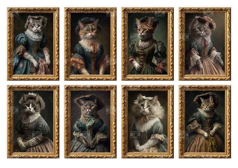 May include: Eight framed portraits of cats dressed in historical attire. Each cat is depicted in a different pose and outfit, with ornate gold frames. The cats wear dresses and hats, reminiscent of 18th-century fashion, against a dark background.