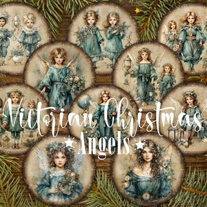 10 Viktorianische Weihnachtsengel Vintage Kunst Runde PNG Bilder und 2 Digital bedruckbare Collage Sheets mit Kinder Kreis Bildern für DIY Projekte