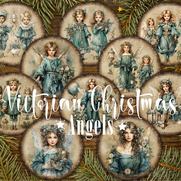 10 Victorian Christmas Angels Vintage Art Round Images PNG and 2 Digital Printable Collage Sheets with Kids Circle Pictures for DIY Project