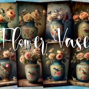 Vaso de flores com cartões ATC digitais de pássaros vintage - 8 pinturas antigas ACEO para impressão, etiquetas de diário de lixo, arte inspirada na natureza, pacote de coisas efêmeras