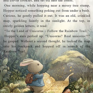 Peut inclure: Un lapin brun portant un gilet bleu et un sac &agrave; dos brun tient une carte roul&eacute;e avec des lettres dor&eacute;es qui disent "Vers le Pays des Licornes - Suivez le Sentier Arc-en-ciel !" La carte brille au soleil. Le lapin se tient sur un chemin dans une for&ecirc;t.