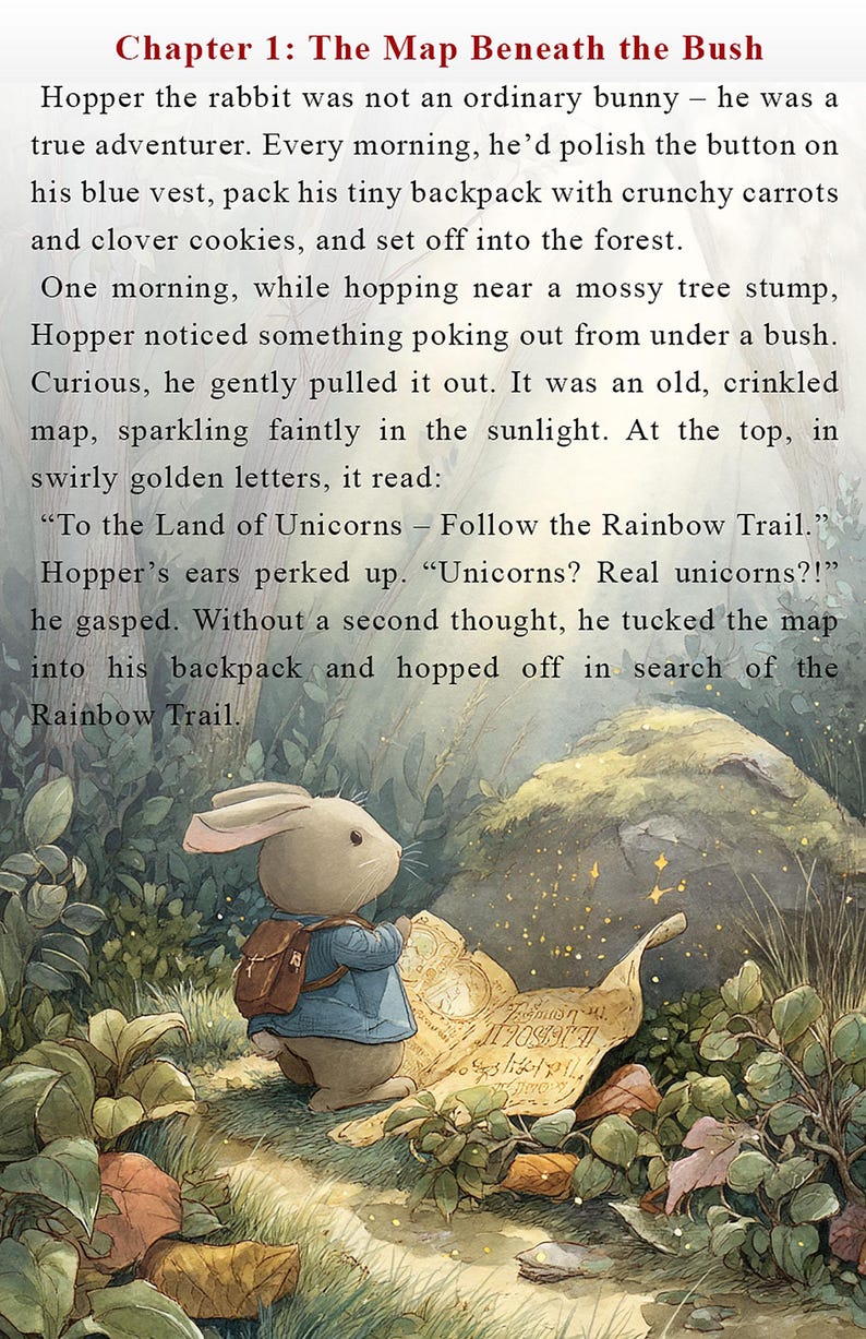 Peut inclure: Un lapin brun portant un gilet bleu et un sac &agrave; dos brun tient une carte roul&eacute;e avec des lettres dor&eacute;es qui disent "Vers le Pays des Licornes - Suivez le Sentier Arc-en-ciel !" La carte brille au soleil. Le lapin se tient sur un chemin dans une for&ecirc;t.