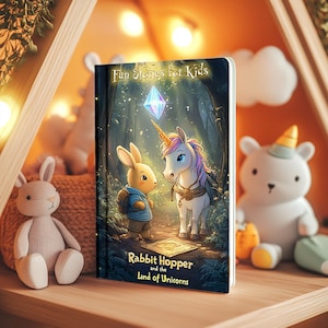Peut inclure: Un livre intitul&eacute; "Fun Stories for Kids: Rabbit Hopper and the Land of Unicorns". La couverture pr&eacute;sente un lapin et une licorne de dessin anim&eacute; dans un d&eacute;cor de for&ecirc;t avec un cristal bleu brillant.