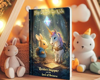 E-boek en videoboek voor kinderen 'Rabbit Hopper and the Land of Unicorns' | Geïllustreerd e-boek voor kinderen (pdf) | Avontuur voor het slapengaan voor kinderen van 4-10 jaar