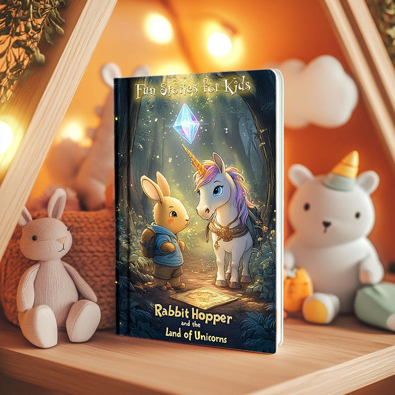 Peut inclure: Un livre intitul&eacute; "Fun Stories for Kids: Rabbit Hopper and the Land of Unicorns". La couverture pr&eacute;sente un lapin et une licorne de dessin anim&eacute; dans un d&eacute;cor de for&ecirc;t avec un cristal bleu brillant.