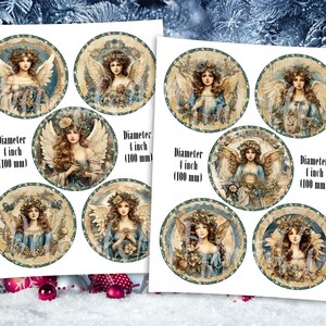 K&ouml;nnte beinhalten: Acht bedruckbare runde Papierkreise mit einem Durchmesser von 10 cm, die Vintage-Illustrationen von Engeln mit Fl&uuml;geln, Blumengirlanden und einem Farbschema in Hellblau und Creme zeigen.