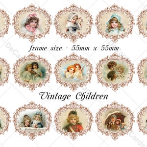 Foglio A4 di carta stampabile digitale "Vintage Children" - 15 immagini incorniciate ad alta risoluzione da 55х55mm per decoupaging, scrapbooking, artigianato, fai da te