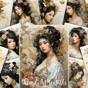18 pagine di diario spazzatura con ritratto di donna asiatica mista, pacchetto di carta digitale di arte giapponese, illustrazioni di donne orientali per decoupage e fai-da-te