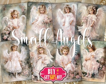Angel Girl Clipart ATC Printable Cards - 8 ACEO Watercolor Cherub Religious Art Digital Download Fairy Junk Journal Tags, Decoupage Papers