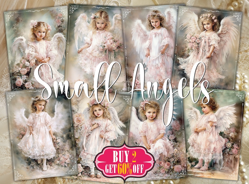 May include: Collage of eight images featuring small angels with white wings and pink dresses. The angels are surrounded by roses and have a soft, dreamy aesthetic. The text "Small Angels" is superimposed on the images. The text "BUY 2 GET 60% OFF" is in a pink box at the bottom of the collage.