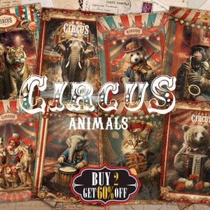 Circus Animals Digital ATC Cards - 8 Printable Junk Journal Kit, Cute Elephant, Monkey, Dogs, Clown, Bear Illustrations Vintage Ephemera Tag