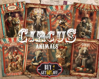 May include: A collage of vintage circus animal illustrations. The images feature a tiger, elephant, dog, cat, monkey, and bear. Each image has a red, white and blue circus tent design with the word "CIRCUS" printed on it. The text "CIRCUS ANIMALS" is printed in large white letters across the centre of the collage. The text "BUY 2 GET 60% OFF" is printed in a black banner at the bottom of the collage.