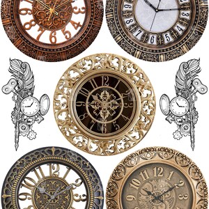 May include: Four ornate clocks with Roman numeral faces and intricate metalwork designs. The clocks have different colored faces and frames, including gold, black, and brown. The text "Dials Diameter 3.94 inches (100 mm)" appears twice on the image.