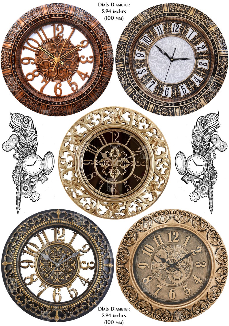 May include: Four ornate clocks with Roman numeral faces and intricate metalwork designs. The clocks have different colored faces and frames, including gold, black, and brown. The text "Dials Diameter 3.94 inches (100 mm)" appears twice on the image.