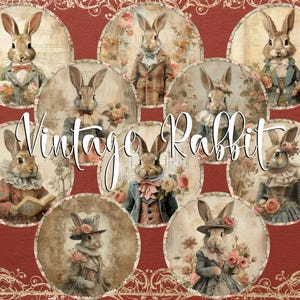 10 Vintage Kaninchen Osterhase Runde Bilder PNG & 2 Digital Printable Retro Stamperia Decoupage-Papiere, altmodische niedliche Tierporträts