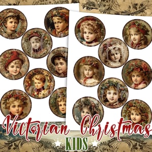 16 imágenes redondas vintage de Navidad para niños, PNG, 2 hojas de collage imprimibles digitales con imágenes circulares infantiles retro para proyectos de bricolaje.