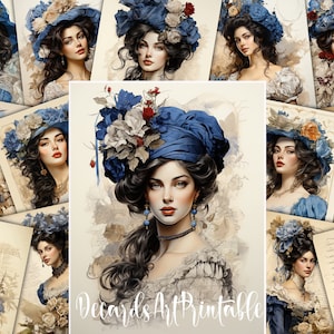 Pacote de papel digital com 20 senhoras vitorianas em vestido francês azul, kit de páginas de diário lixo de arte rococó antiquado, conjunto de papel de decoupage para impressão