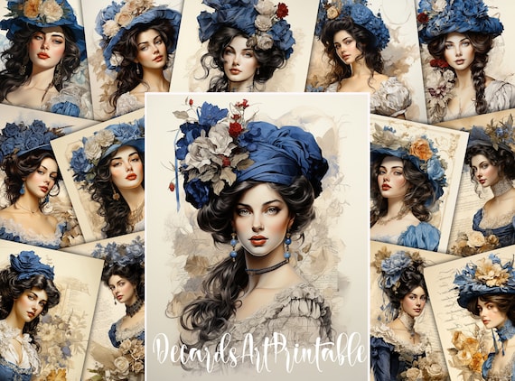 20 Victorian Ladies in Blue French Dress Digital Paper Pack, Old Fashioned Rococo Art Junk Journal Pages Kit, Printable Decoupage Paper Set