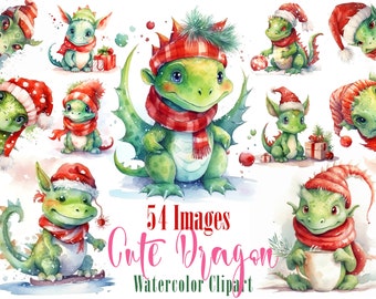 54 Cute Christmas Dragon Clipart Watercolor Images Bundle + 6 hojas imprimibles digitales, Winter Green Baby Dragons, licencia comercial gratuita