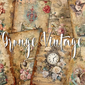 Digitale grunge-papierset, collageblad ongewenste dagboekpagina's, vintage shabby chic Victoriaanse tijdperk Ephemera-pakket, mixed media knipset ambachtelijke kit