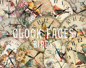 18 Vintage Bird Clock Face - Digital Printable Shabby Chic Victorian Round Images with Antique Watch Dials for Decoupage, Fussy Cut, Journal