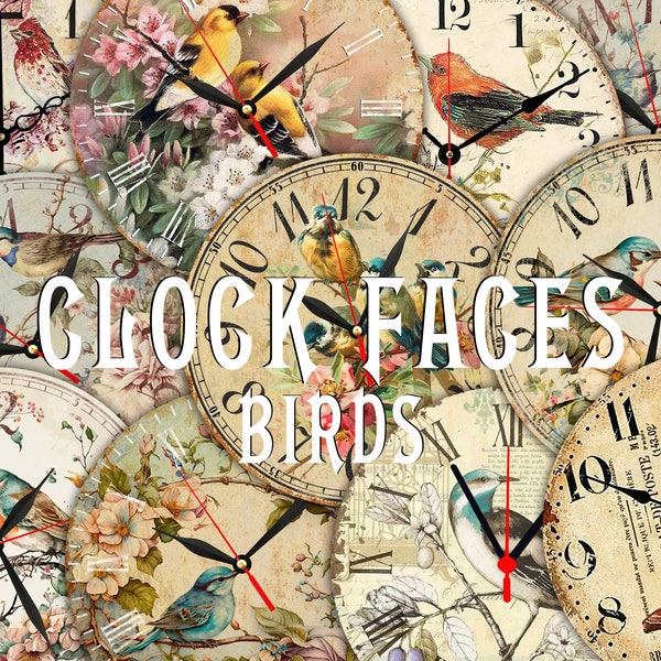 18 Vintage Bird Clock Face - Digital Printable Shabby Chic Runde viktorianische Bilder mit antiken Uhrenzifferblättern für Decoupage, Fussy Cut, Journal