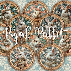 10 Royal Victorian Rabbit Altmodische Bunny Art Runde Bilder PNG & 2 Digital Printable Junk Journal Kit, Decoupage Papiere Shabby Chick Set