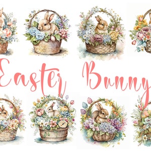 7 A4 Paquete de papel digital Acuarela Conejito de Pascua Cesta Flores de primavera Lindo Conejo Clipart Hojas de collage, Impresiones decoupage, Cortes quisquillosos, BRICOLAJE