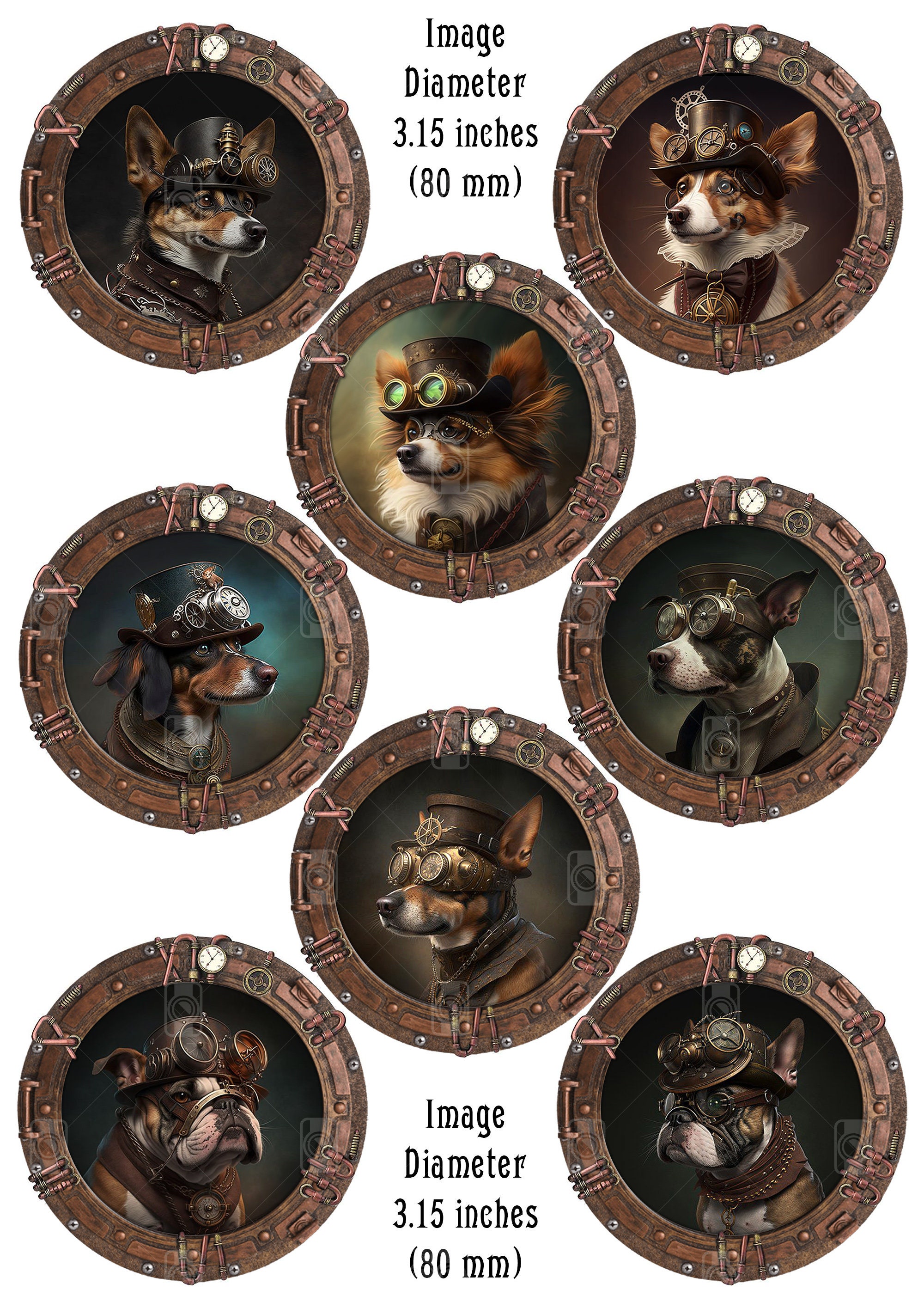 18 Digital Steampunk Dog Portrait Round Frame Pet Painting 18 Digital Steampunk Dog Portrait Round Frame Pet Painting