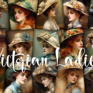 16 cartões digitais ATC para mulheres vitorianas - retrato em aquarela de mulher à moda antiga ACEO, clipart de menina da moda vintage, pacote de diário para impressão