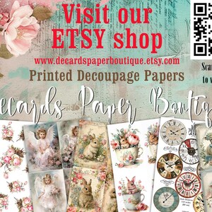 May include: A collection of 12 printed decoupage papers featuring angels, bunnies, flowers, and clocks. The papers are printed on high-quality paper and are perfect for a variety of craft projects. Visit the Etsy shop at www.decardspaperboutique.etsy.com.