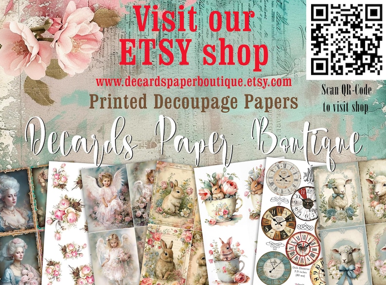 May include: A collection of 12 printed decoupage papers featuring angels, bunnies, flowers, and clocks. The papers are printed on high-quality paper and are perfect for a variety of craft projects. Visit the Etsy shop at www.decardspaperboutique.etsy.com.