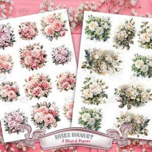 2 digitale papier afdrukbare rozenboeket A4-bladset - 21 bloemenaquarelafbeeldingen botanische kunst voor decoupage, scrapbooking, kieskeurig gesneden kit