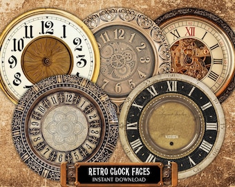 5 Retro Clock Faces 8", 6", 4" Antique Watch Template Images for Decoupage, DIY Projects, Fussy Cut. 15 Printable PNG Fles Clock Making Kit