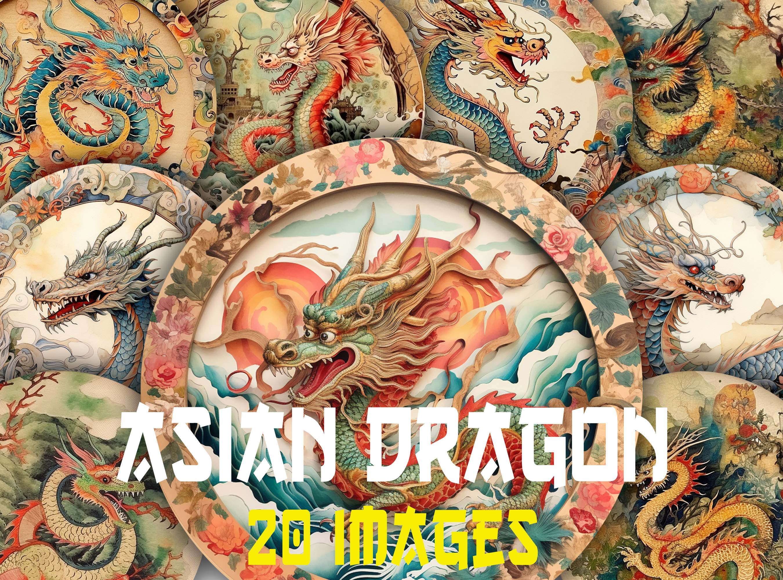 20 Asian Whimsical Dragon 4 Inch Circle Images Kit, Digital Chinese Art ...