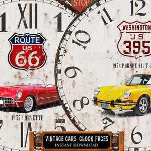 May include: Two vintage clock faces featuring classic cars. The left clock face features a red 1955 Corvette with a Route US 66 sign. The right clock face features a yellow 1973 Porsche 911T Coupe with a Washington US 395 sign.