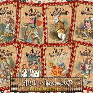 Tarjetas ATC digitales de Alicia en el país de las maravillas: kit de 8 diarios basura con arte caprichoso imprimible, etiquetas efímeras del Sombrerero Loco, el Conejo Blanco y la Reina de Corazones