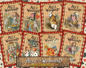 Alice in Wonderland Digital ATC Cards - 8 Printable Whimsical Art Junk Journal Kit, Mad Hatter, White Rabbit, Queen of Hearts Ephemera Tags