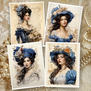 Op de afbeelding: Vier digitale printbare afbeeldingen van vrouwen die blauwe hoeden dragen met bloemversieringen. De vrouwen hebben lang donker haar en dragen blauwe jurken. De achtergrond is een vintage-stijlpatroon.