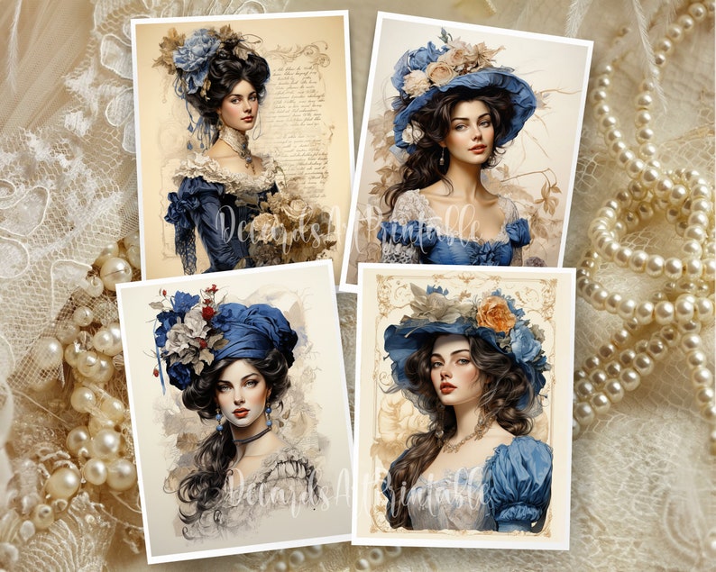 Op de afbeelding: Vier digitale printbare afbeeldingen van vrouwen die blauwe hoeden dragen met bloemversieringen. De vrouwen hebben lang donker haar en dragen blauwe jurken. De achtergrond is een vintage-stijlpatroon.