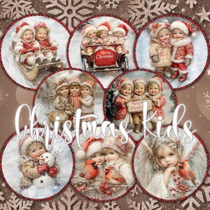 Op de afbeelding: Een collage van cirkelvormige afbeeldingen met een kerstthema. De afbeeldingen tonen kinderen in winterkleding, sneeuw en vakantiescènes. De tekst "Christmas Kids" staat in cursieve letters in het midden.