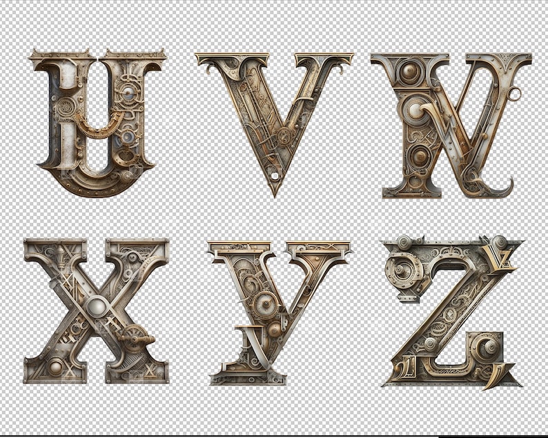 26 Steampunk Alphabet Rusty Metal Letters PNG Archivo digital en capa transparente limpia, arte industrial imprimible efímera fuente de uso comercial imagen 10