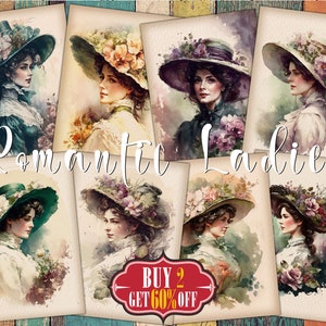Cartões ATC digitais para mulheres românticas - 8 ACEO para impressão, retrato em aquarela de mulheres vitorianas do século 18, etiquetas de diário de lixo, kit de coisas efêmeras retrô