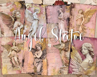 Engel standbeeld digitale ATC-kaarten -8 afdrukbare decoupagepapier junk journal kit, fine art collagevellen, mixed media Franse stijl vintage tags