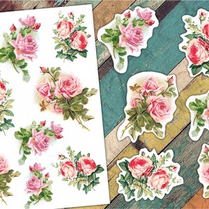 Puede incluir: Una hoja de papel con 12 ilustraciones florales de rosas rosas. Las rosas est&aacute;n en varios arreglos y tama&ntilde;os. El papel es blanco con una textura sutil.