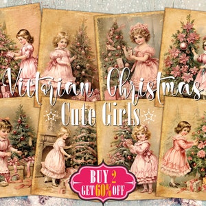 Tarjetas ATC digitales de chicas lindas de Navidad victoriana - 8 kit de etiquetas de diario basura Shabby Chic imprimible ACEO, paquete de efímeras para niños retro vintage
