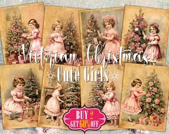 Victorian Christmas Cute Girls Digital ATC Cards - 8 Printable ACEO Shabby Chic Junk Journal Tags Kit, Vintage Retro Children Ephemera Pack