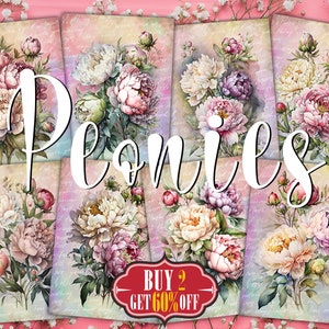 Pfingstrose Malerei Digitale ATC Karten - 8 ACEO Druck Aquarell Pfingstrosen Blumenstrauß Shabby Clipart, Floral Decoupage Papiere, Junk Journal Tags
